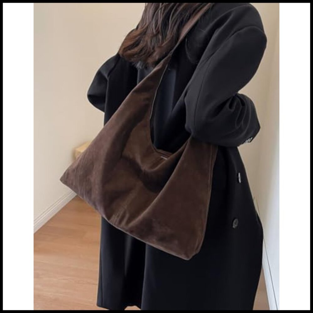 Retro Suede Hobo Shoulder Bag Large Tote Satchel Casual Work Purse - Picture 2 of 6